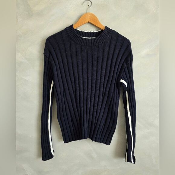 Faherty Game Set Crew Sweater Navy Organic Cotton Cashmere Ribbed Women L - Picture 1 of 7